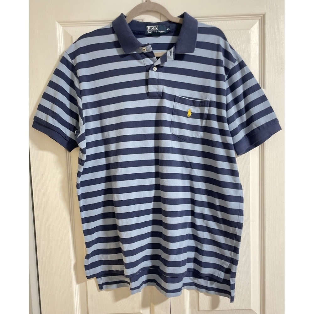 vintage polo ralph lauren Polo Shirt Men‎ XL Navy & Blue Stripped Cotton Classic